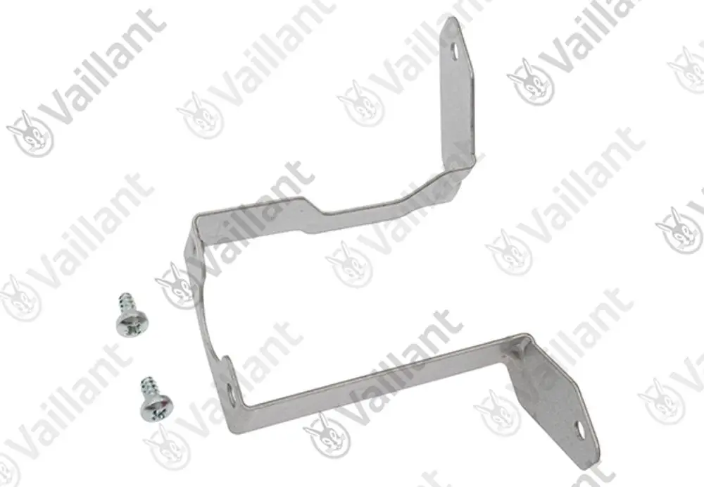 Halter aus Metall zur Befestigung von Anschlussrohren, begleitet von zwei Schrauben. Geeignet für Produkte der Marke Vaillant.
